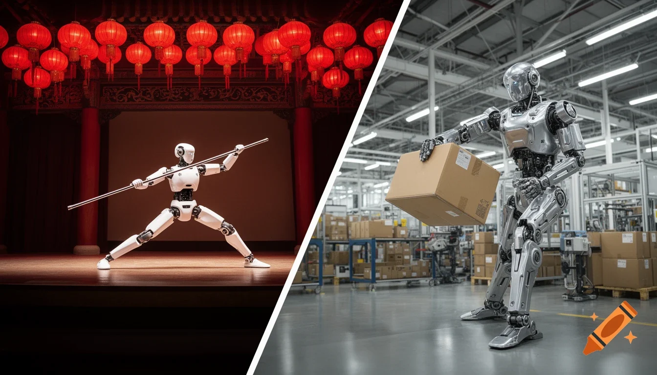 Split image China kung fu robot vs USA factory robot comparison