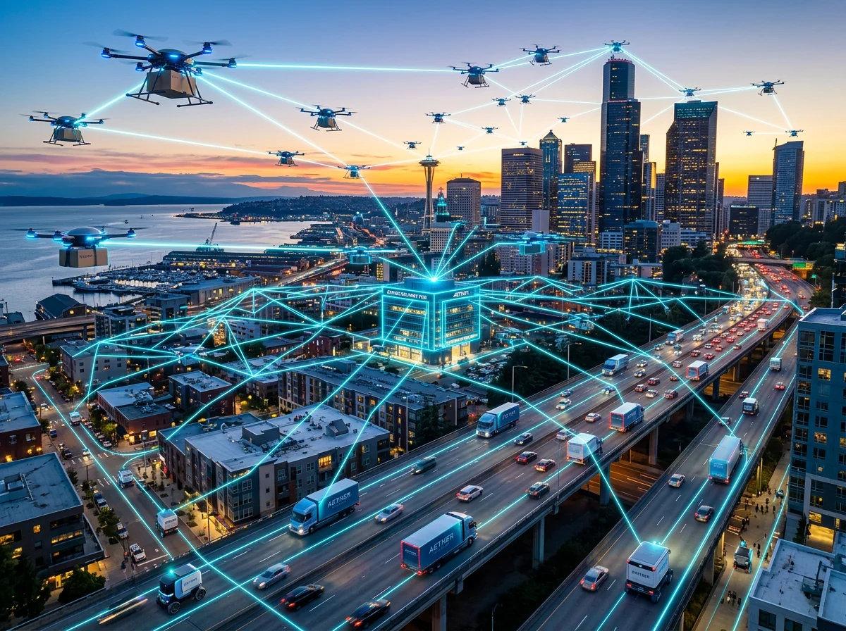 Overhead aerial view of a red DoorDash delivery robot with glowing AI route path lines navigating a neighborhood street