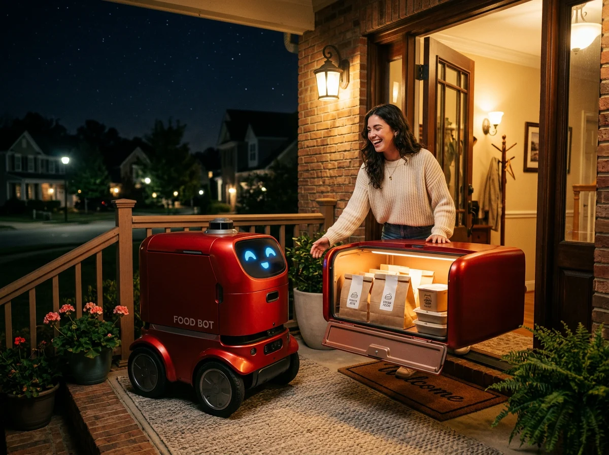 Smiling woman opening her front door at night to receive a food delivery from a red autonomous DoorDash robot with glowing LED eyes